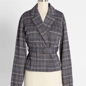 Modcloth Metallic Gold Plaid Blazer Jacket Blue and Gold Belted Classic